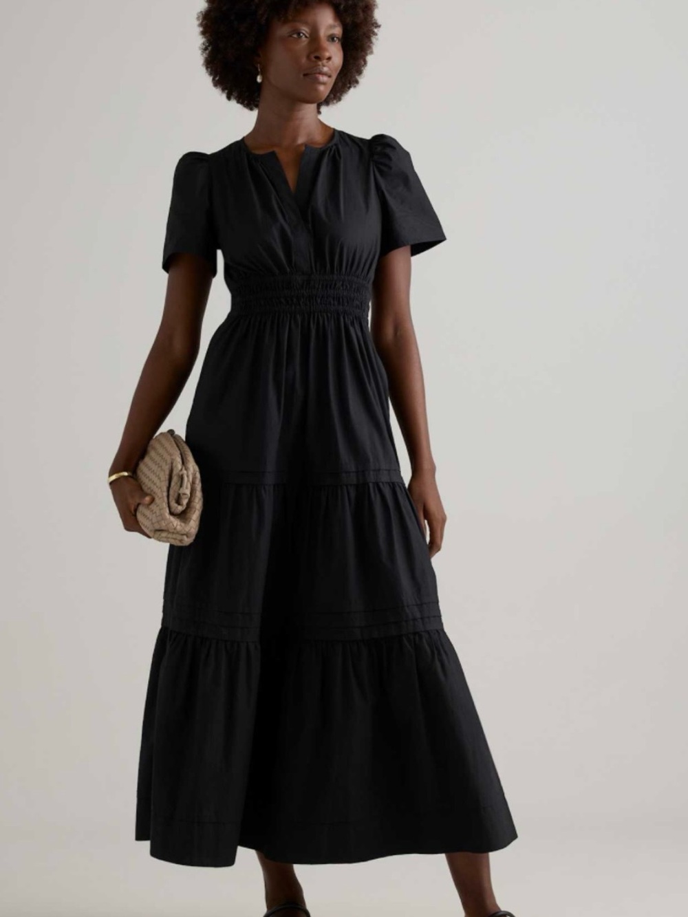Quince Black Smocked-Waist Tiered Maxi Dress